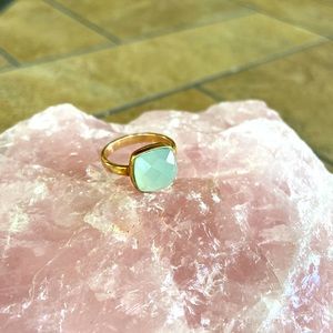 Checkerboard blue chalcedony rose gold ring